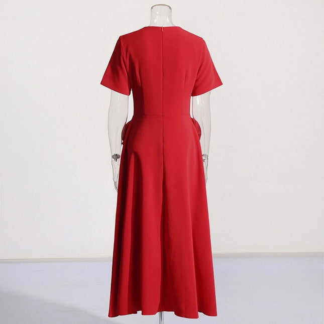 Elegant Floral Waist Slimming Dress - Autumn Fashion Red