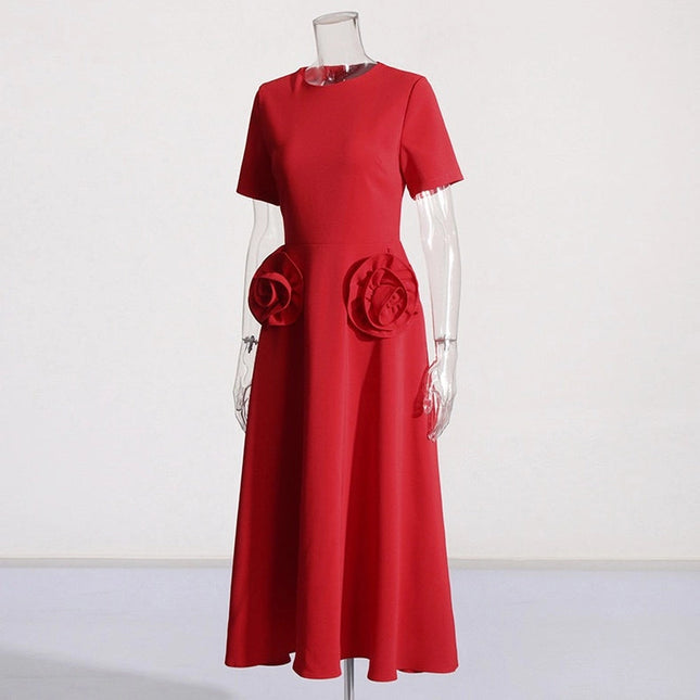 Elegant Floral Waist Slimming Dress - Autumn Fashion Red