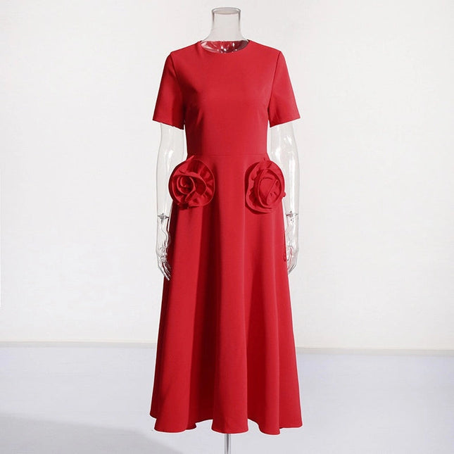 Elegant Floral Waist Slimming Dress - Autumn Fashion Red