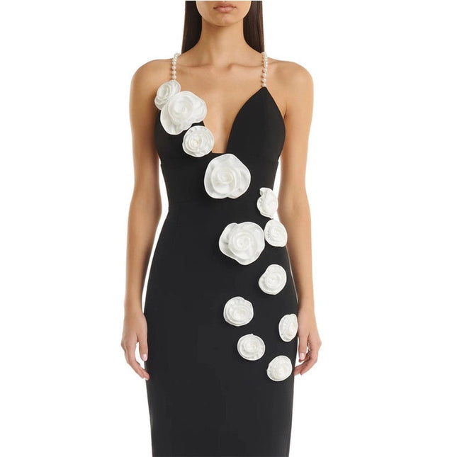 Elegant Pearl Halter Floral Bandage Evening Dress Black