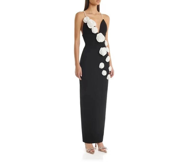 Elegant Pearl Halter Floral Bandage Evening Dress Black