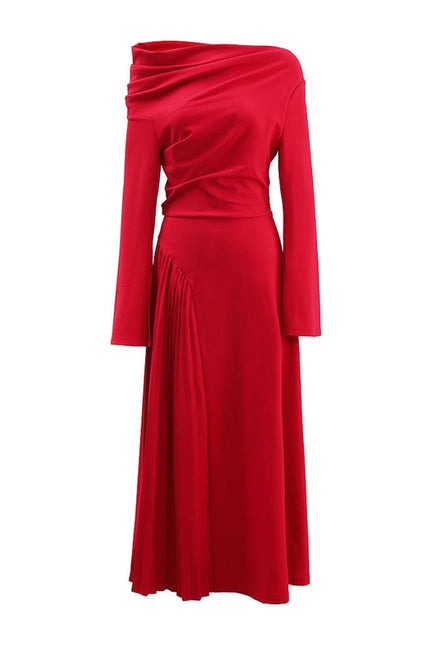 Elegant Red Off-Shoulder Pleated Long Dress