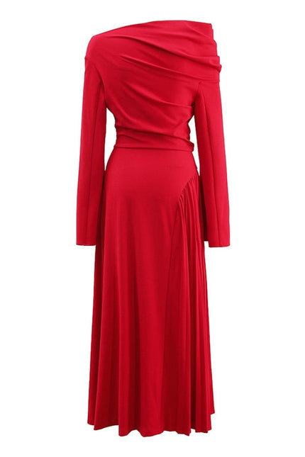 Elegant Red Off-Shoulder Pleated Long Dress