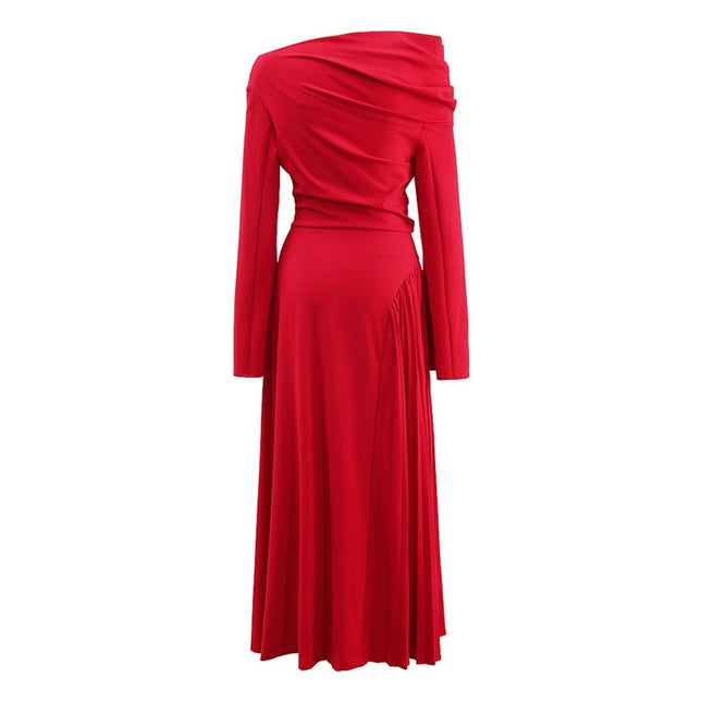 Elegant Red Off-Shoulder Pleated Long Dress