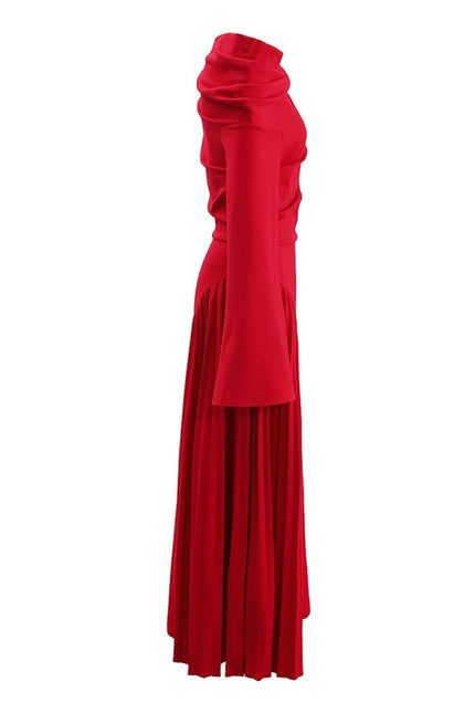 Elegant Red Off-Shoulder Pleated Long Dress