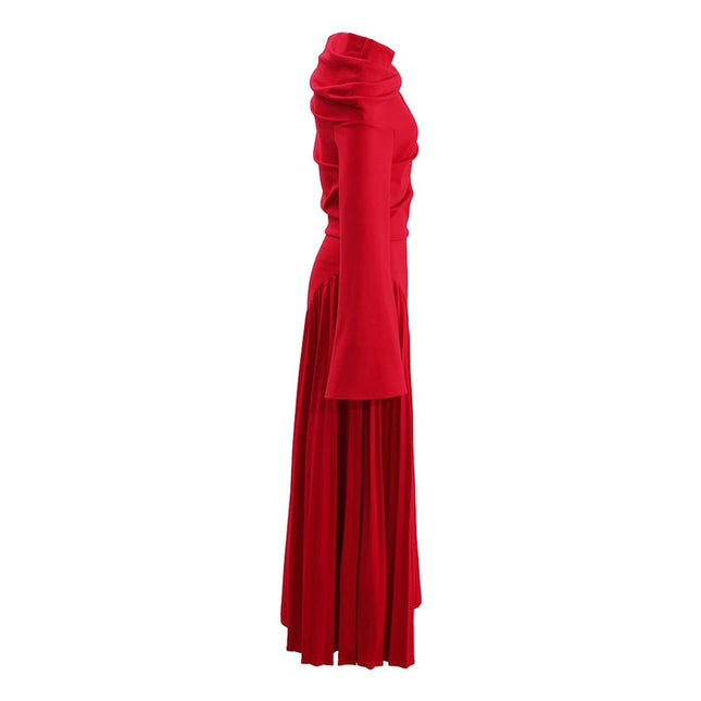 Elegant Red Off-Shoulder Pleated Long Dress