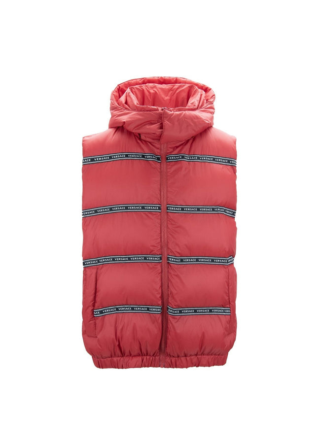 Elegant Red Versace Logo Vest with Detachable Hood