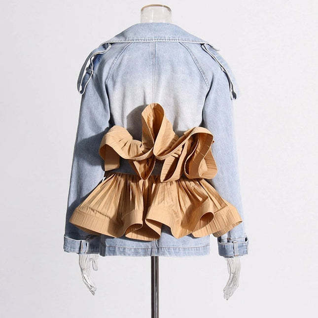 Elegant Ruffled Denim Jacket with Contrast Stitching