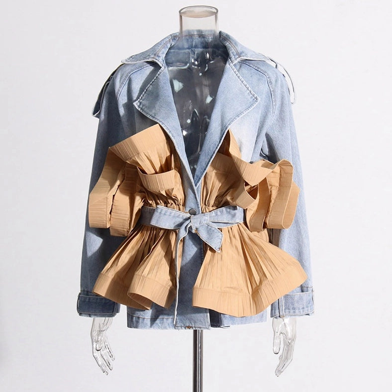 Elegant Ruffled Denim Jacket with Contrast Stitching