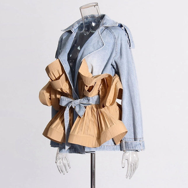 Elegant Ruffled Denim Jacket with Contrast Stitching