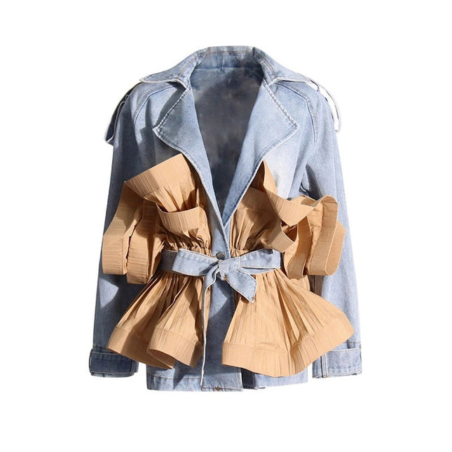 Elegant Ruffled Denim Jacket with Contrast Stitching