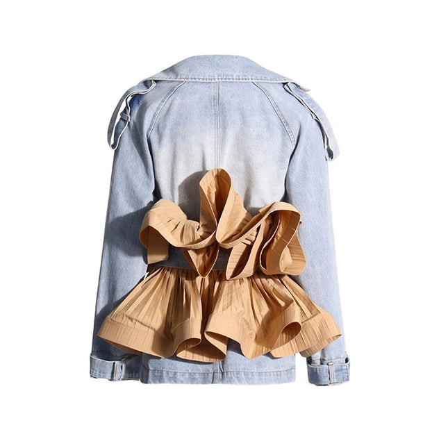 Elegant Ruffled Denim Jacket with Contrast Stitching