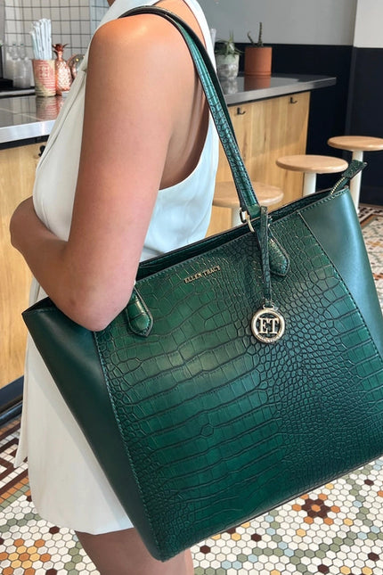 Ellen Tracy Croco Tote EMERALD