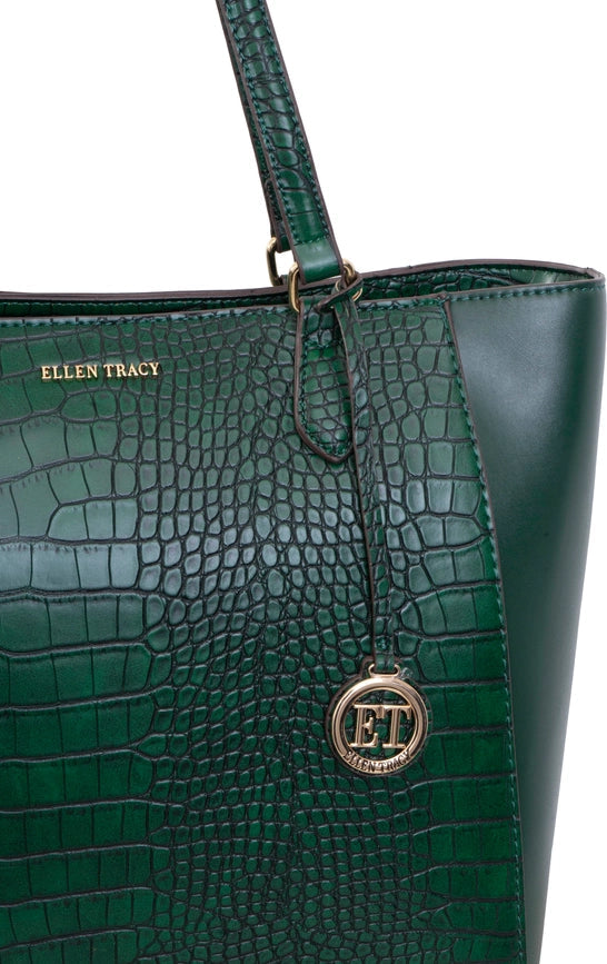 Ellen Tracy Croco Tote EMERALD