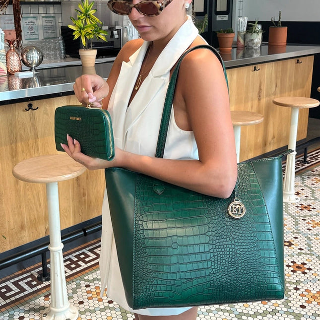 Ellen Tracy Croco Tote EMERALD