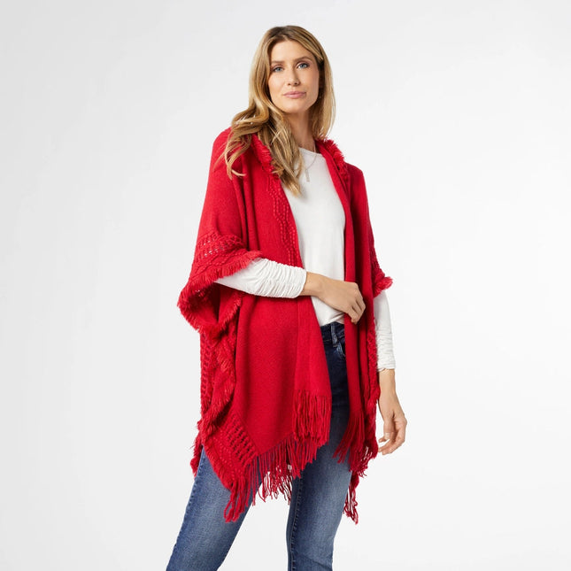 Eloise Hooded Ruana with Frayed Fringe - Valentine's Day