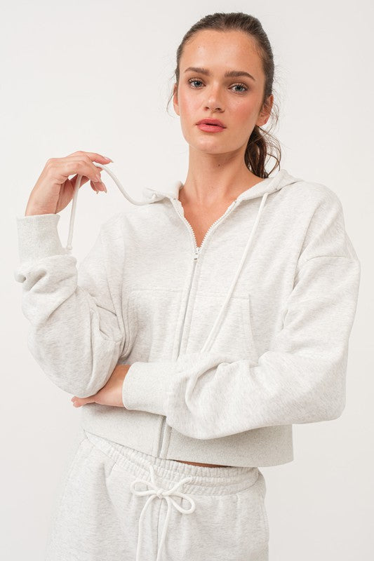 Elora Loose Fit Crop Length Terry Fleece Hooded Jacket-Hooded Jacket-Papermoon-S-WHITE MELANGE-Urbanheer