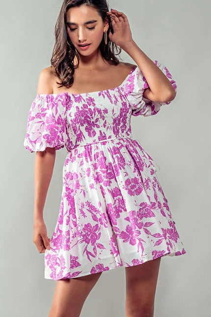 Elsie Blooming Puff Sleeve Dress FUCHSIA