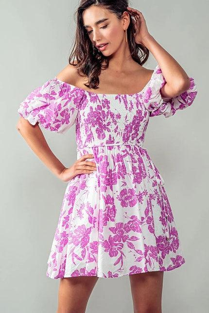 Elsie Blooming Puff Sleeve Dress FUCHSIA