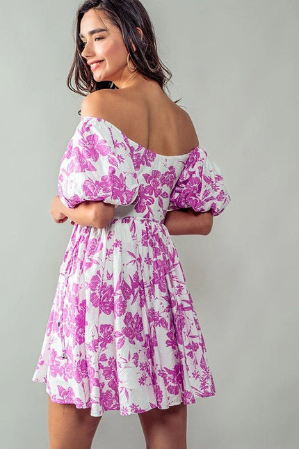 Elsie Blooming Puff Sleeve Dress FUCHSIA