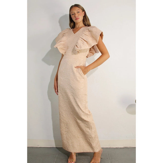 Embossed Big Shoulder Ruffle Long Dress