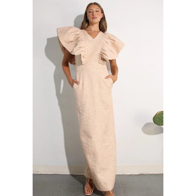 Embossed Big Shoulder Ruffle Long Dress