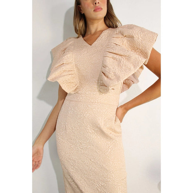 Embossed Big Shoulder Ruffle Long Dress