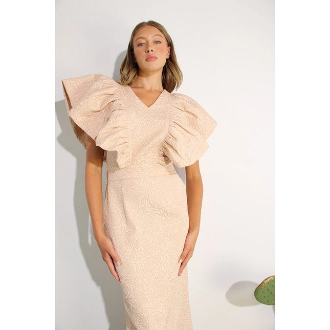 Embossed Big Shoulder Ruffle Long Dress