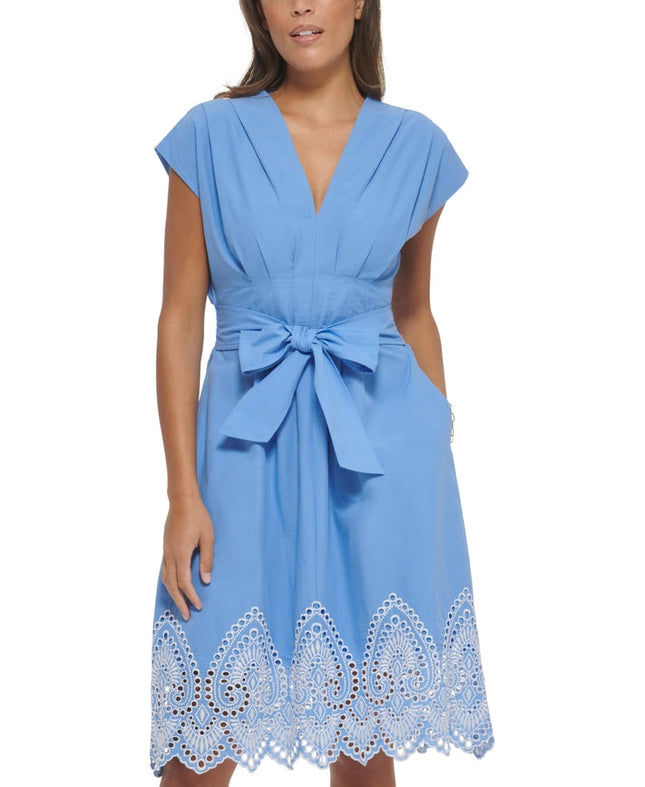 Embroidered Cotton Voile A-Line-Dress-Kensie Dresses-2-CHAMBRAY/BLUE-Urbanheer