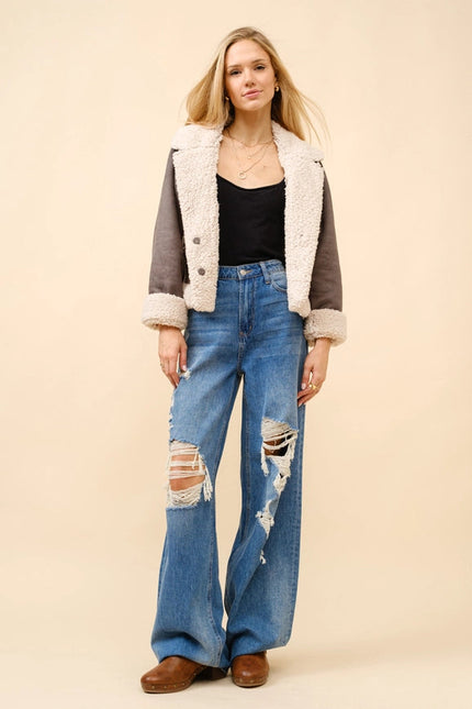 Embroidered Crop Sherpa Snap Jacket