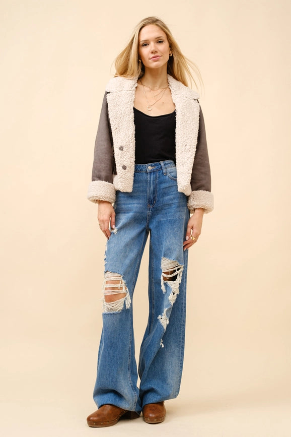 Embroidered Crop Sherpa Snap Jacket