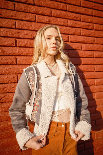 Embroidered Crop Sherpa Snap Jacket