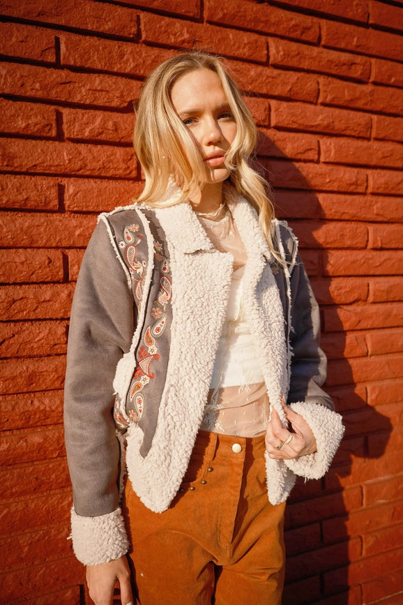 Embroidered Crop Sherpa Snap Jacket