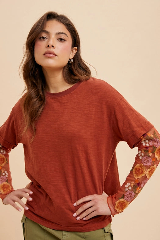 Embroidered Twofer Sleeve Top