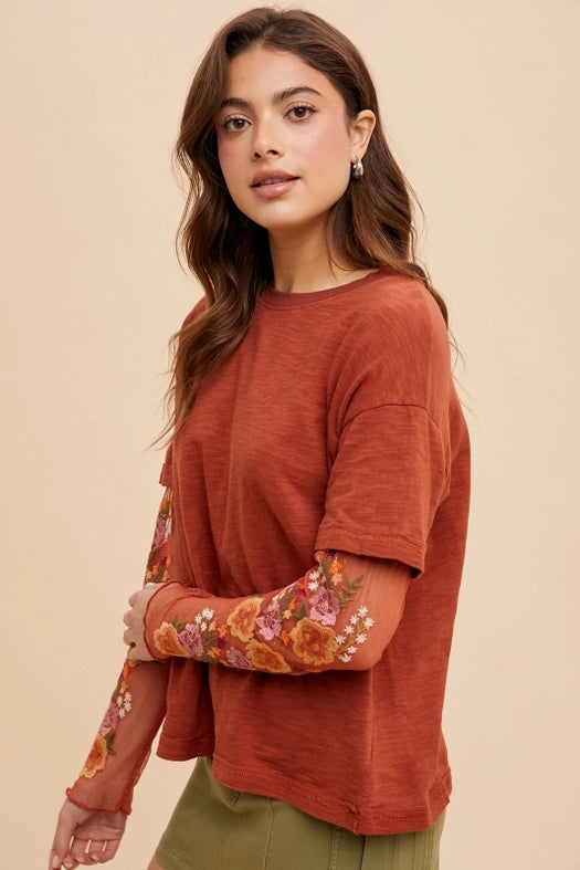 Embroidered Twofer Sleeve Top