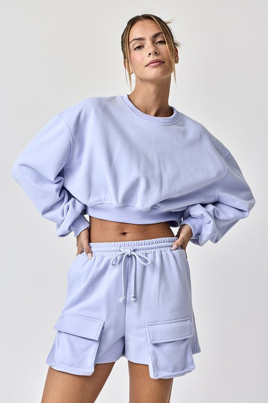 Emilia Cropped Balloon Sweatshirt and Shorts with Pockets  Light Blue