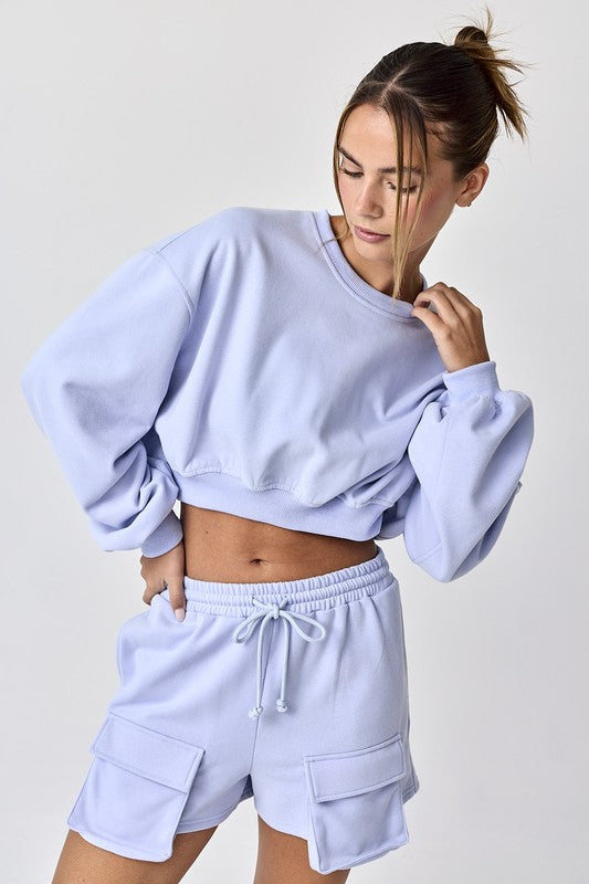 Emilia Cropped Balloon Sweatshirt and Shorts with Pockets  Light Blue