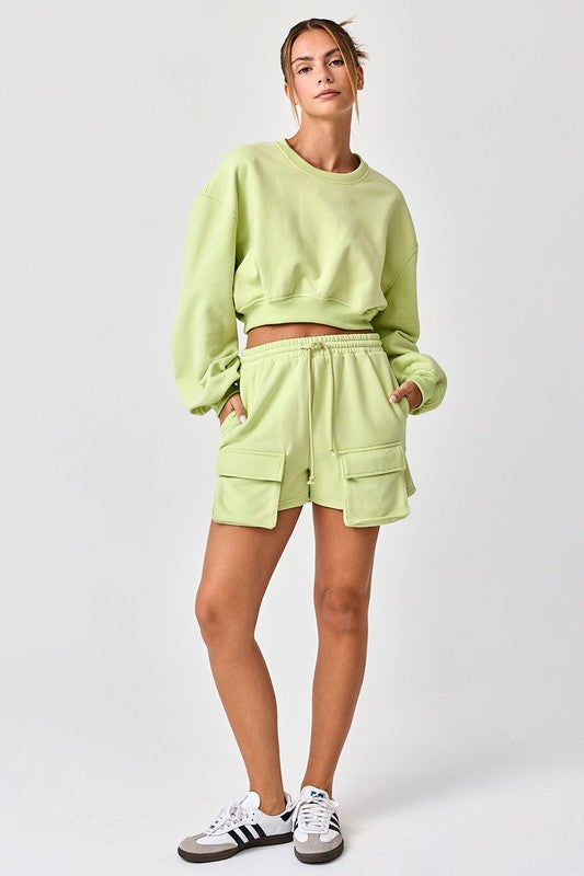 Emilia Cropped Balloon Sweatshirt and Shorts with Pockets Lime