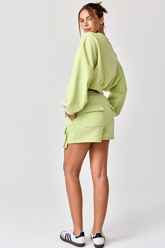 Emilia Cropped Balloon Sweatshirt and Shorts with Pockets Lime