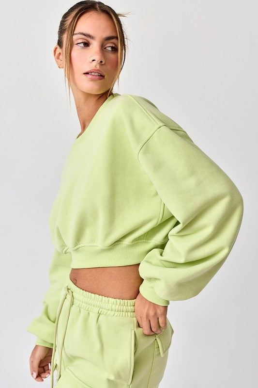 Emilia Cropped Balloon Sweatshirt and Shorts with Pockets Lime