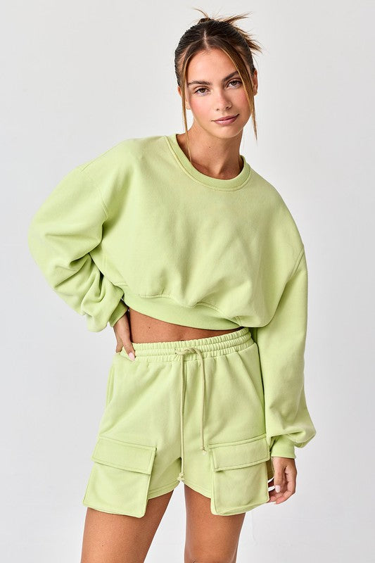 Emilia Cropped Balloon Sweatshirt and Shorts with Pockets Lime