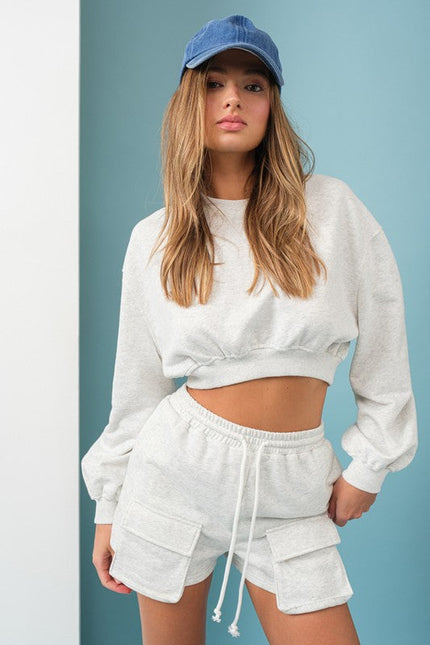 Emilia Cropped Balloon Sweatshirt and Shorts with Pockets White Melange