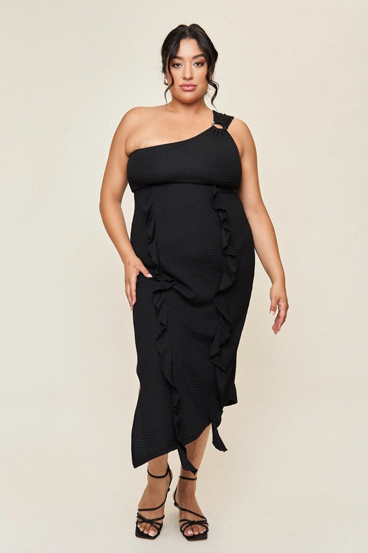 "Emily” One Shoulder O-Ring Dress in Black