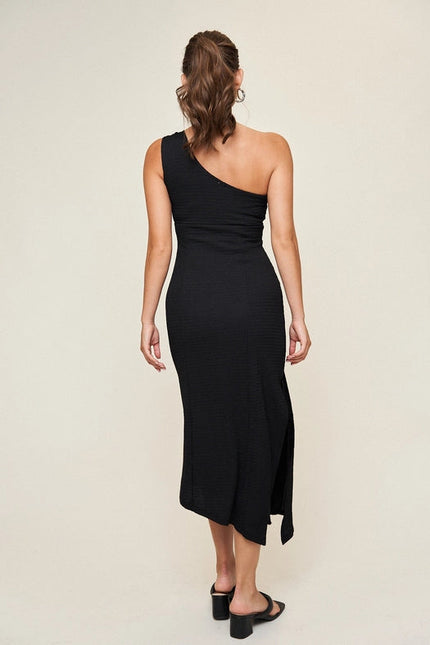 "Emily” One Shoulder O-Ring Dress in Black