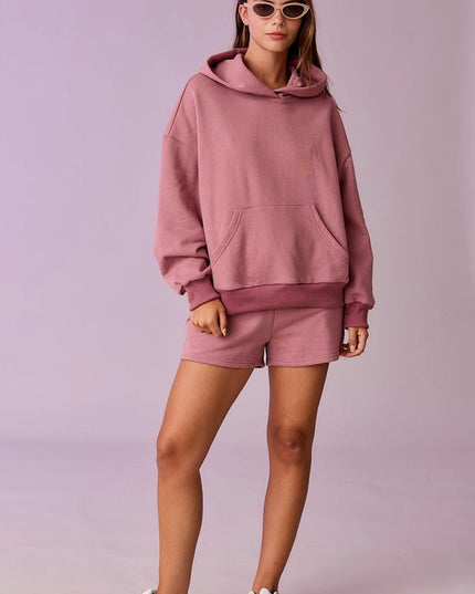 Esther Loose Fit Hooded Sweatshirt and Sweatshorts Set Berry