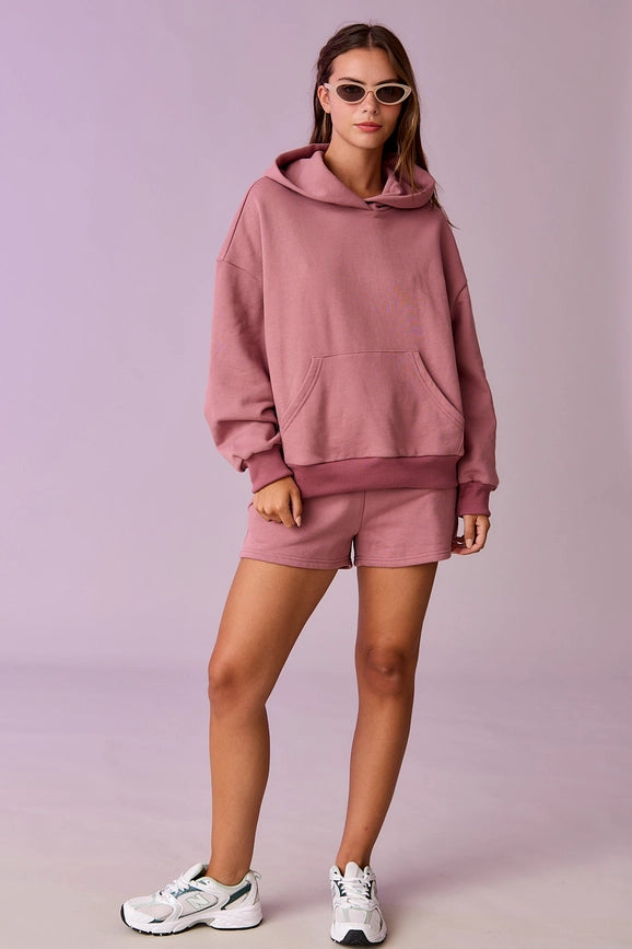 Esther Loose Fit Hooded Sweatshirt and Sweatshorts Set Berry