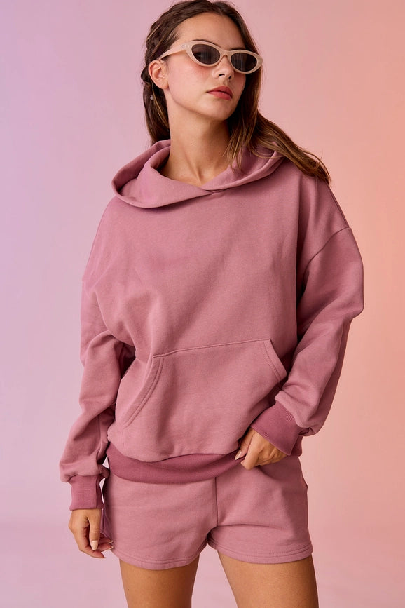 Esther Loose Fit Hooded Sweatshirt and Sweatshorts Set Berry