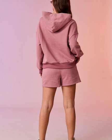 Esther Loose Fit Hooded Sweatshirt and Sweatshorts Set Berry