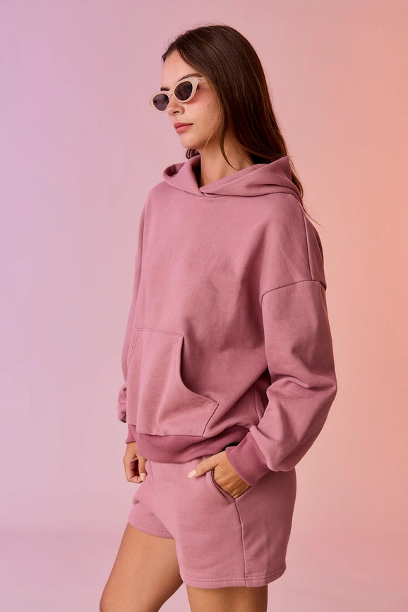 Esther Loose Fit Hooded Sweatshirt and Sweatshorts Set Berry