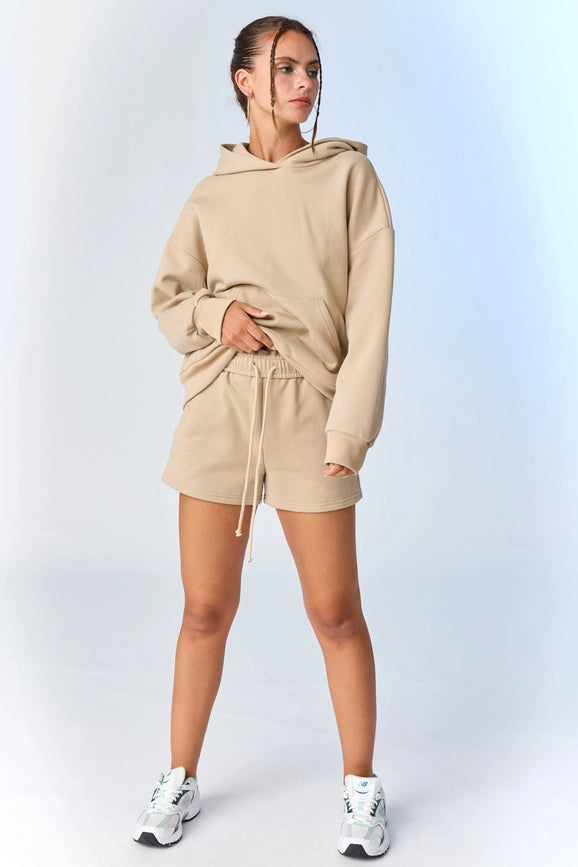 Esther Loose Fit Hooded Sweatshirt and Sweatshorts Set Taupe